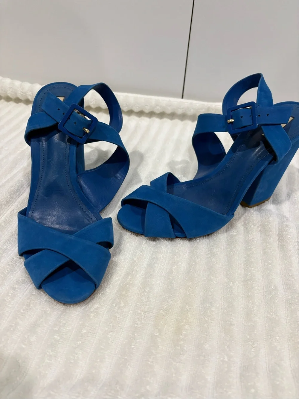 SCHUTZ Blue Suede Block Heel Platform Sandals